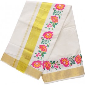 Floral  Jari Print Kasavu Saree